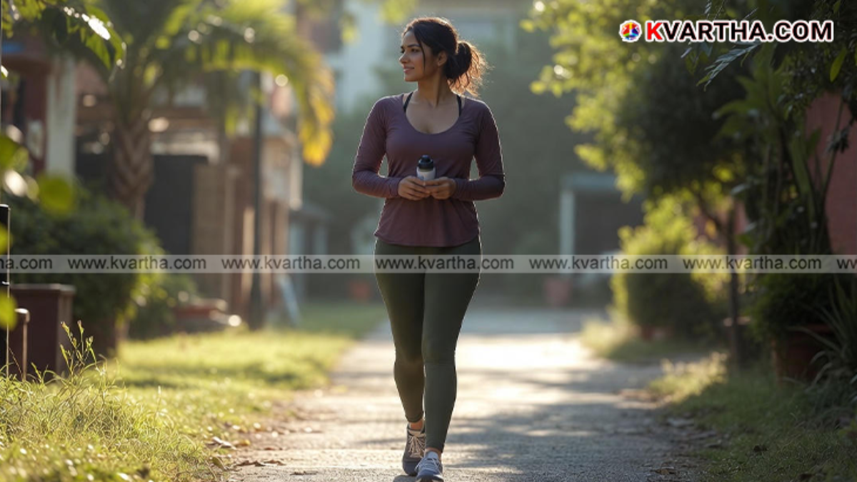 Person walking outdoors after a meal showing improved health.