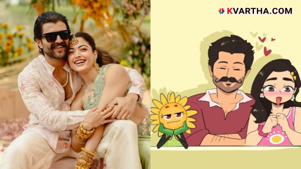 Rashmika Mandanna and Vijay Deverakonda with the animated character 'Roo' in a digital series announcement.