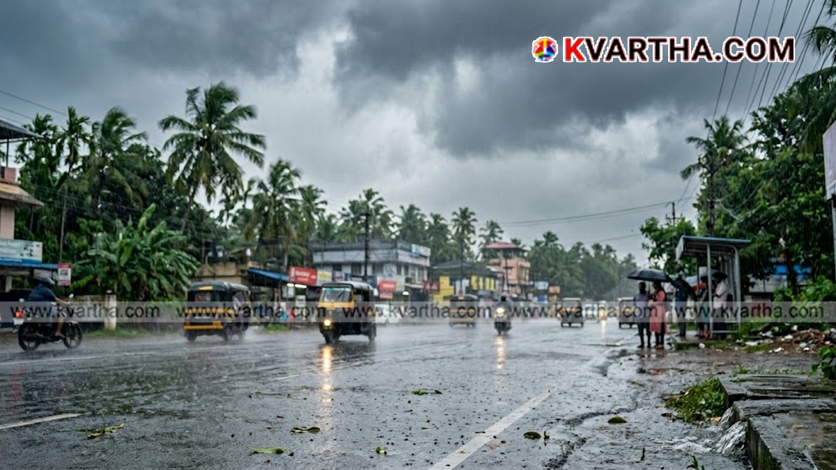 Heavy rain showers in a Kerala street.
