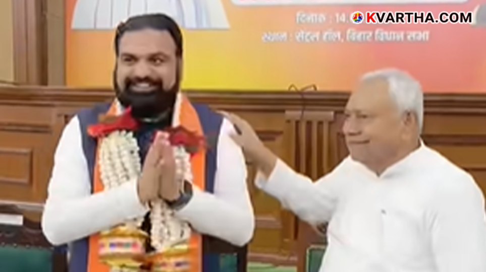A symbolic scene of Samrat Chaudhary taking charge as the Chief Minister of Bihar and Nitish Kumar.