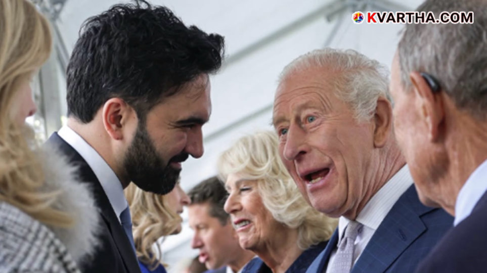 An iconic image of Sohran Mamdani speaking to British King Charles III in New York.