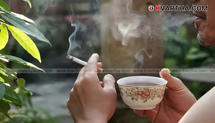 A person holding a cup of tea and a cigarette, symbolizing the dangerous combination.