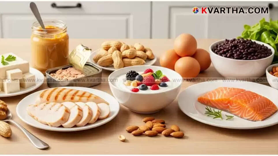 A variety of protein-rich foods including Greek yogurt, chicken, fish, and nuts.