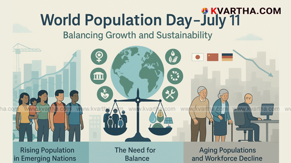 World Population Day illustration with world map and population symbols.