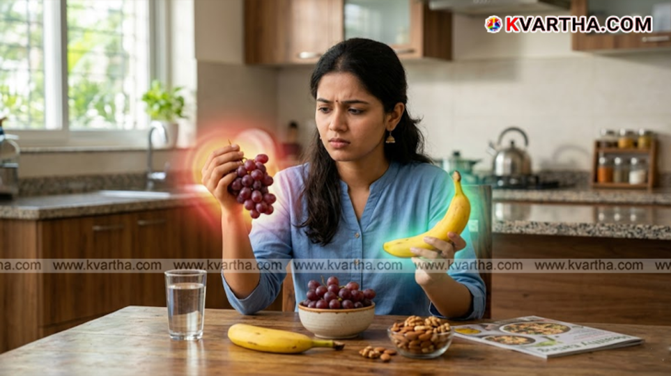 Comparison of grapes and bananas showing their impact on blood sugar levels for diabetes management.