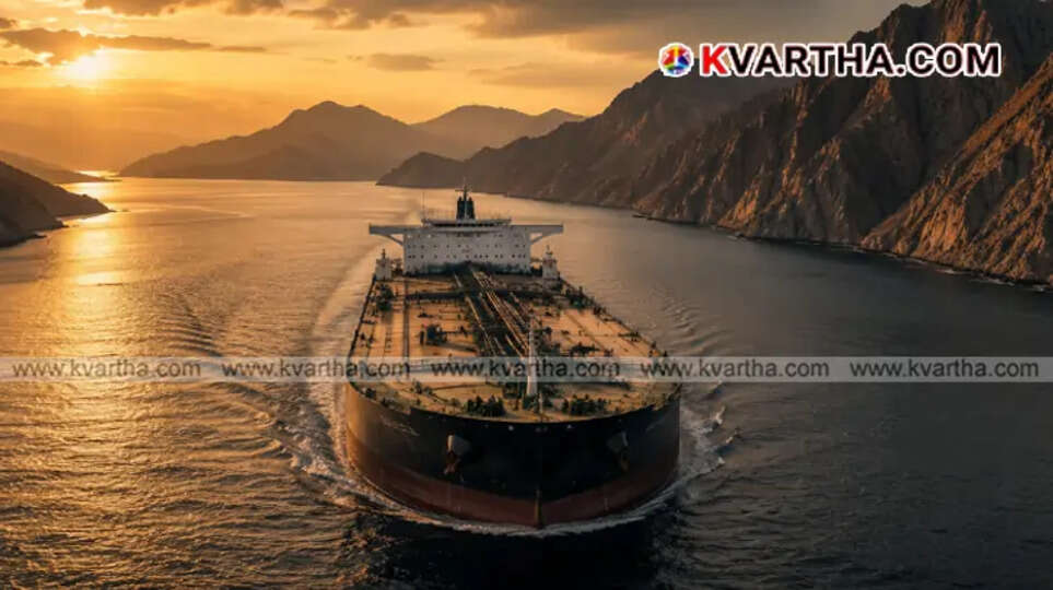  A massive Indian crude oil tanker vessel safely navigating through the narrow waters of the Strait of Hormuz