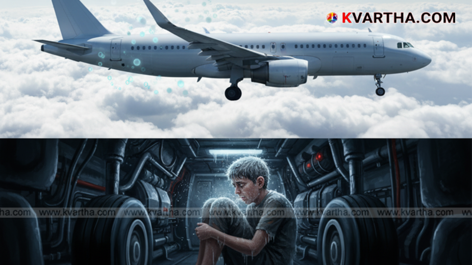 A representation of a person hiding inside a plane's landing gear compartment.