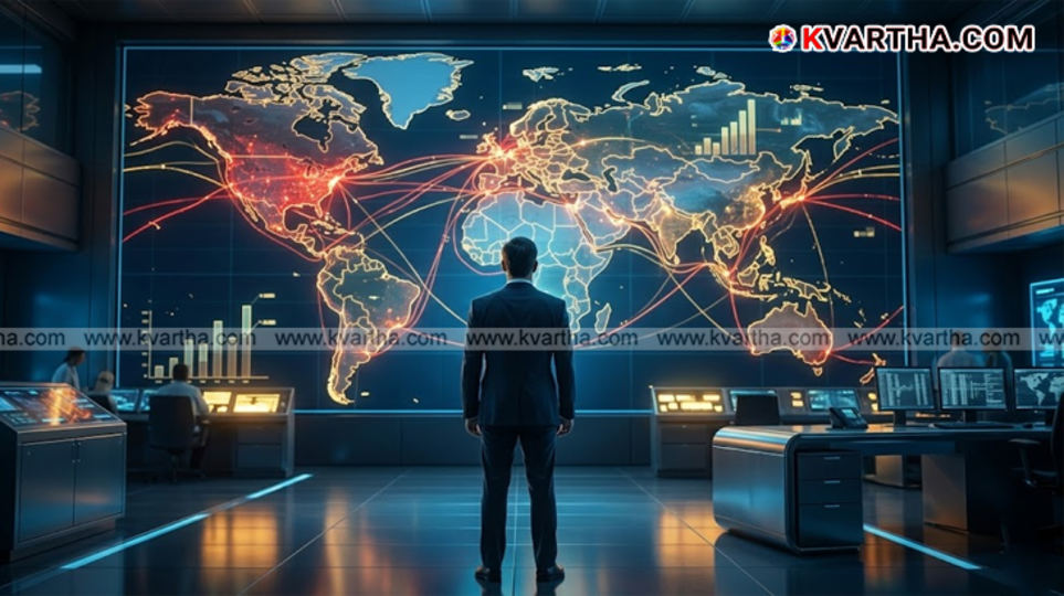 A world map with financial graphs showing the rise in oil prices and economic shifts