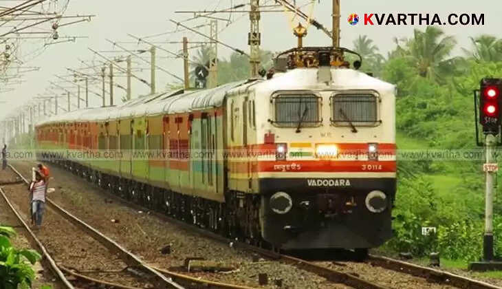 A train arriving at a station platform, with a monsoon-themed background, symbolizing the new railway schedule.