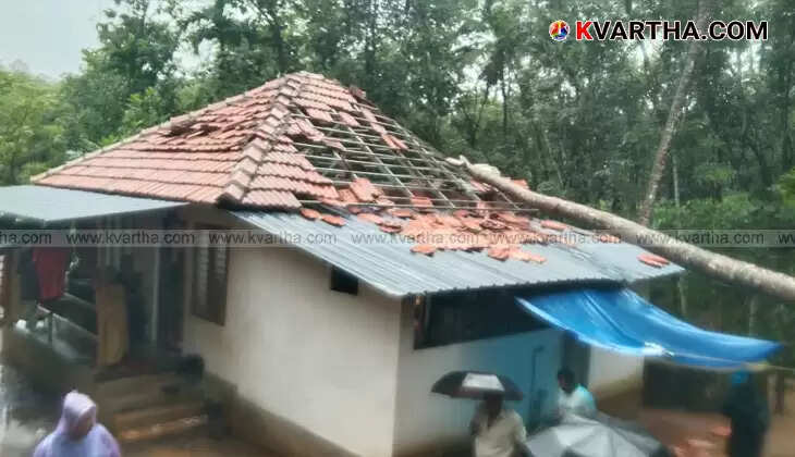 Damaged Life Mission house in Taliparamba after a coconut tree fell on it.