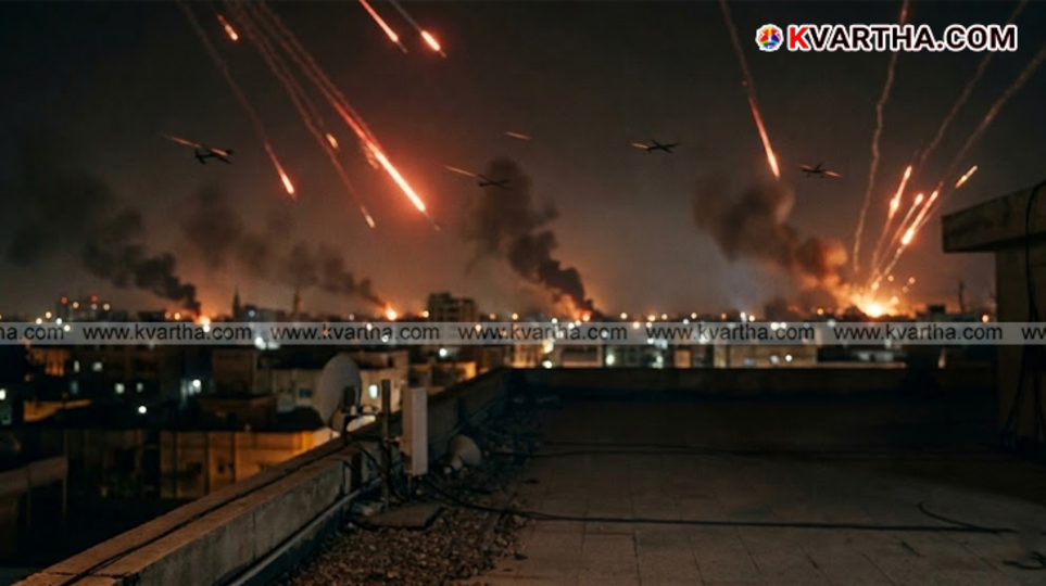 Long exposure shot of missiles or drones being launched into the dark sky
