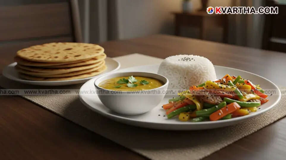 A plate with roti on one side and rice on the other, representing the comparison.