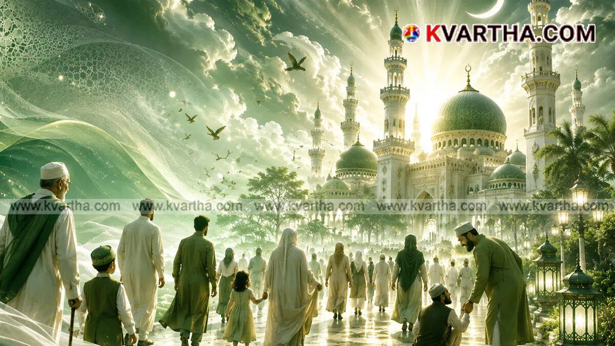 Conceptual representation of muslim peoples walking to the mosque