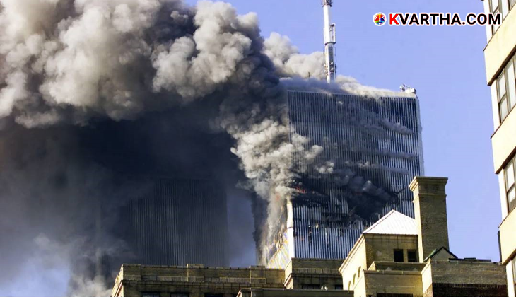 The World Trade Center twin towers on fire during the 9/11 attacks.