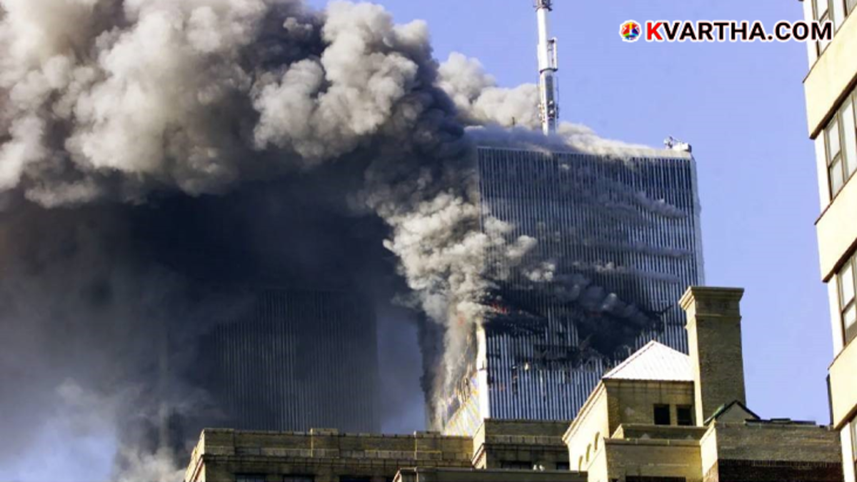 The World Trade Center twin towers on fire during the 9/11 attacks.