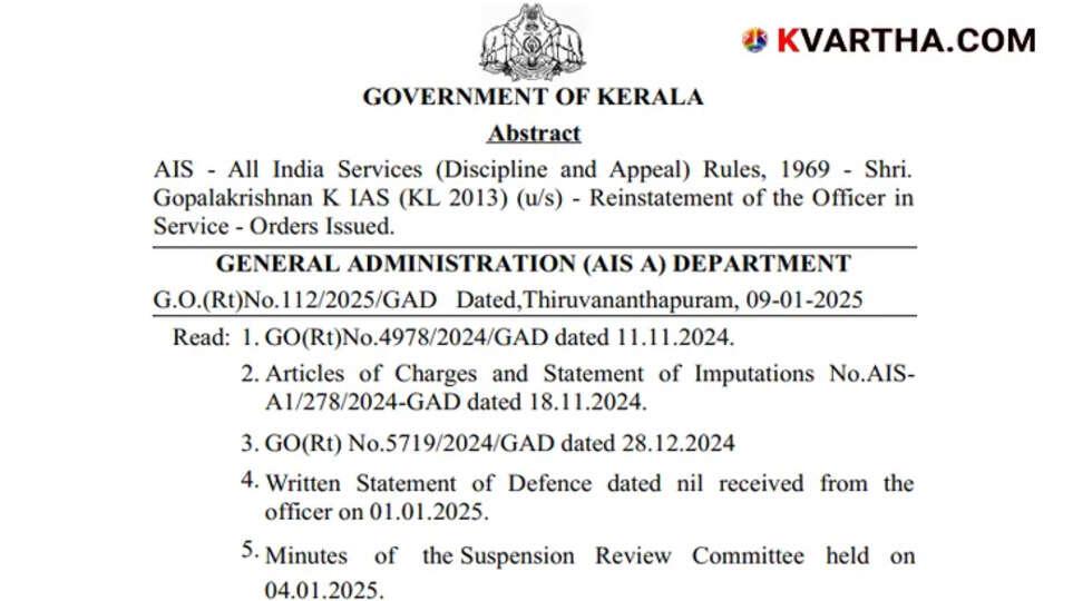 K. Gopalakrishnan reinstated in service after suspension in controversy.