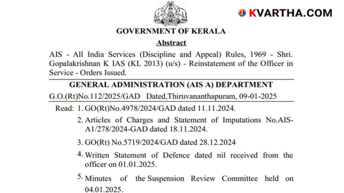 K. Gopalakrishnan reinstated in service after suspension in controversy.