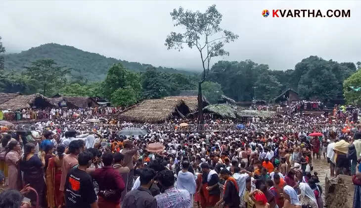 Swollen Bavali River with strong undercurrents near Kottiyoor temple due to heavy rain.