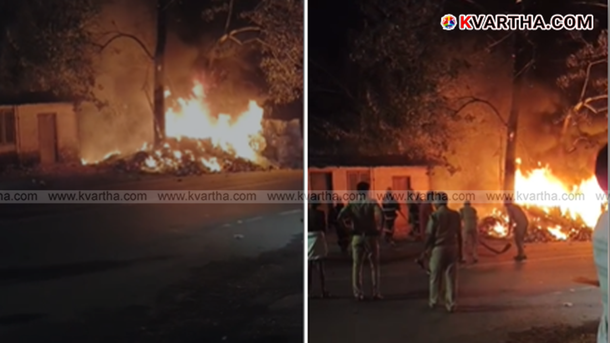 Firefighters working to extinguish fire at a scrap yard in Cherupuzha.
