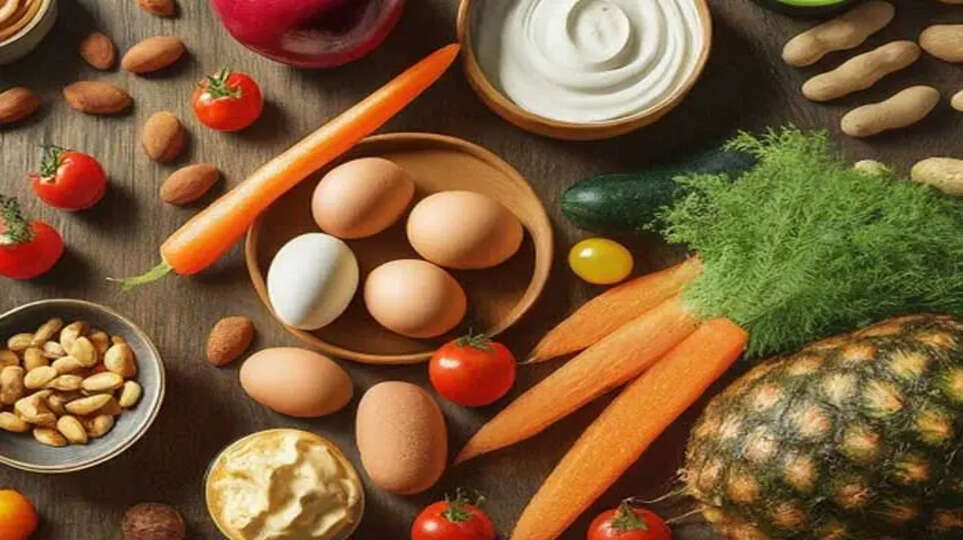 A collage of healthy snacks like fruits, vegetables, and nuts.