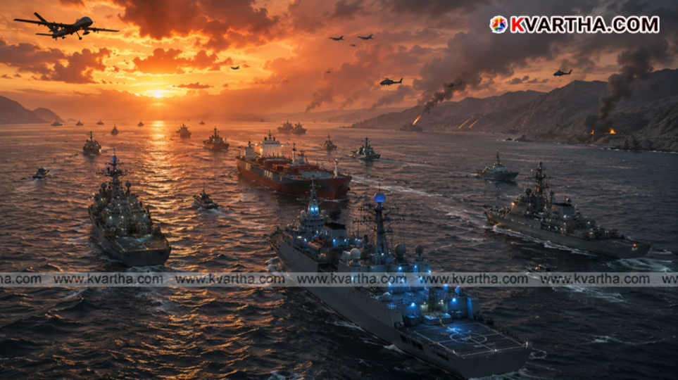 Aerial view of warships navigating