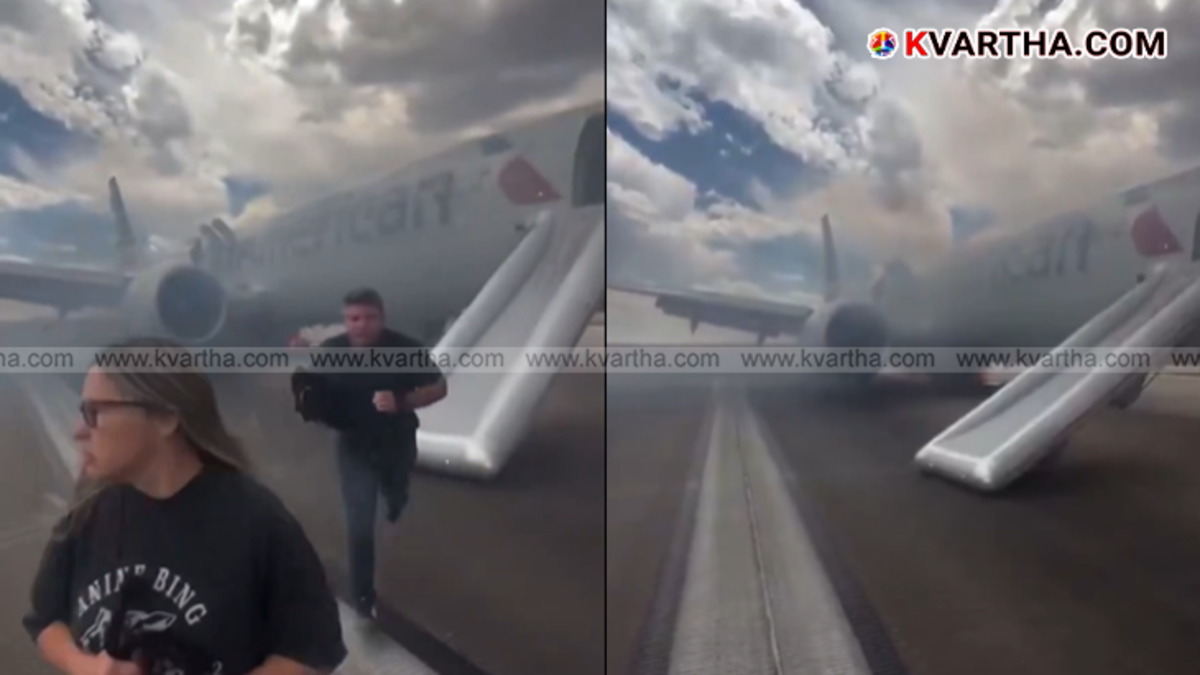 Passengers evacuating American Airlines flight in Denver using emergency slides.