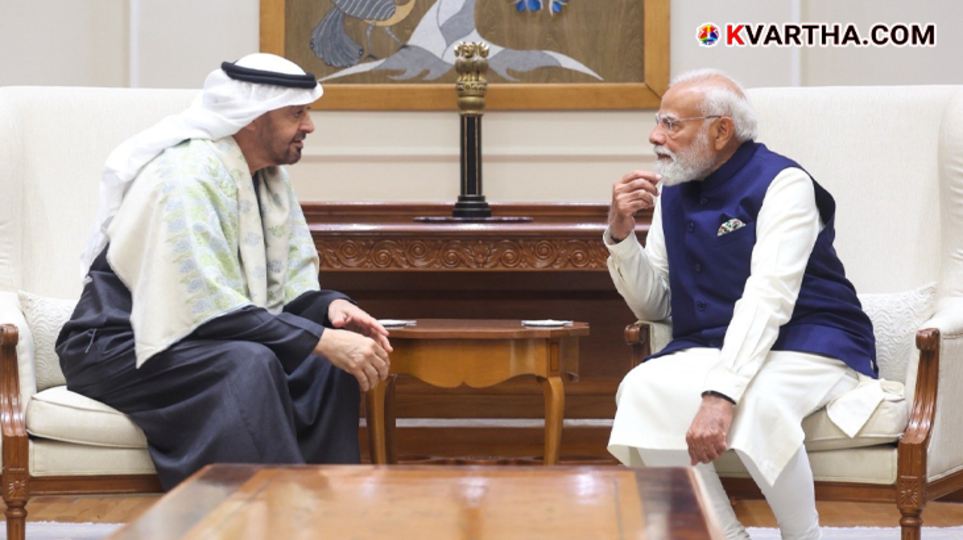Prime Minister Narendra Modi greeting UAE President Sheikh Mohamed bin Zayed Al Nahyan.