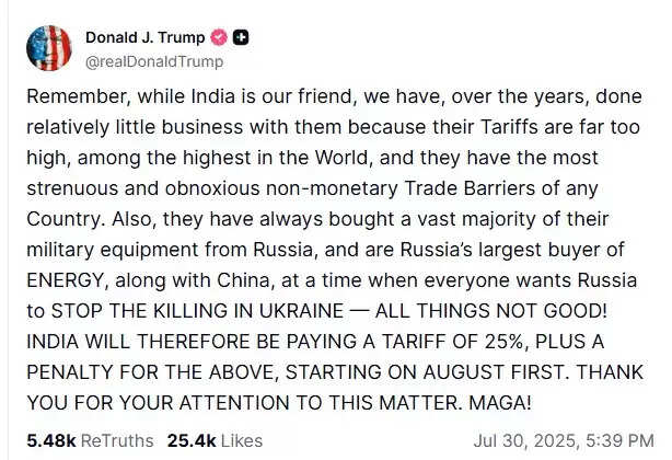 Donald Trump announcing tariffs on India