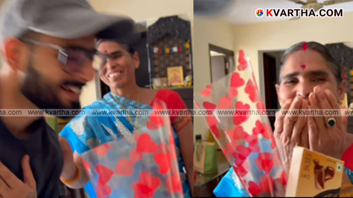  A couple in Bengaluru touching the feet of their domestic worker after receiving an anniversary gift.