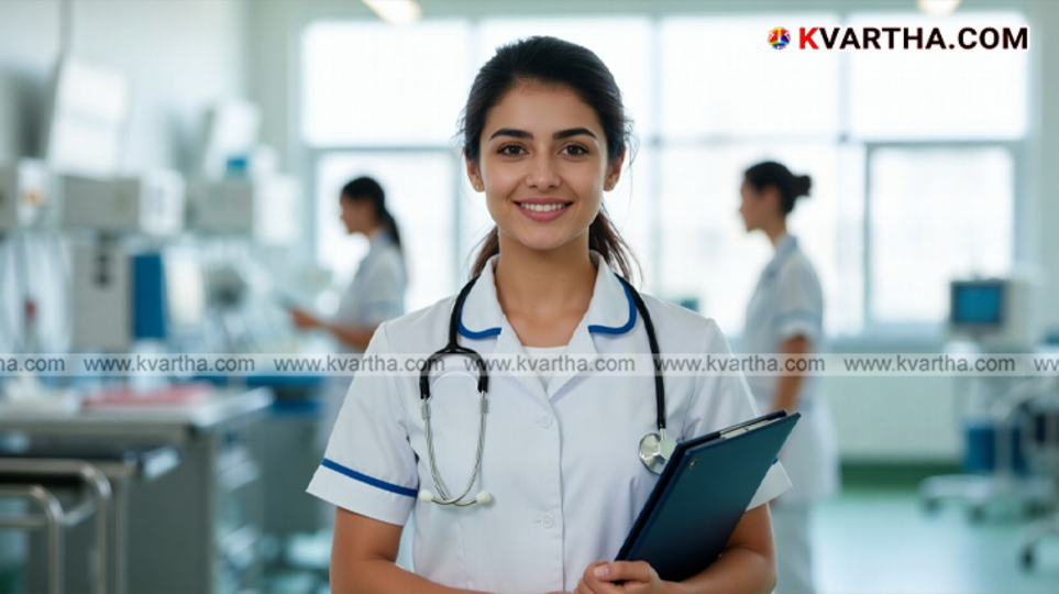 A group of nursing students in white coats discussing in a clinical lab.