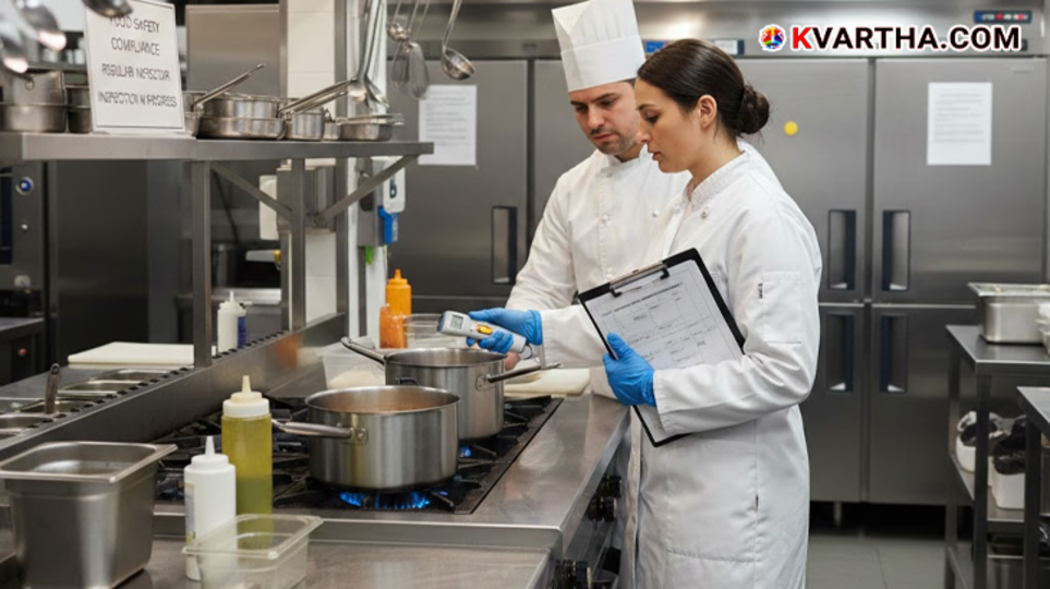 Food safety officers inspecting a restaurant kitchen in Vizhinjam.
