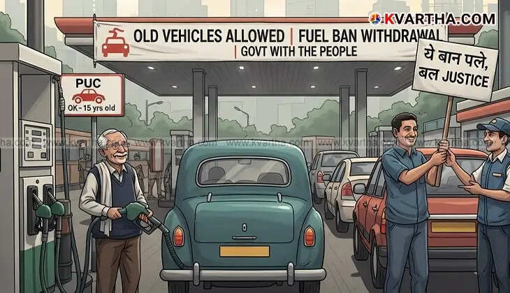 Protesters holding signs, reflecting Delhi's decision to revoke the ban on old vehicles.