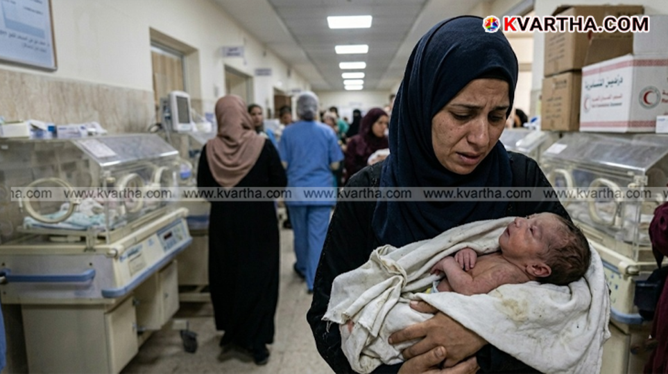 A symbolic scene depicting a newborn baby at Nasser Hospital in Khan Younis and the war situation in Gaza.