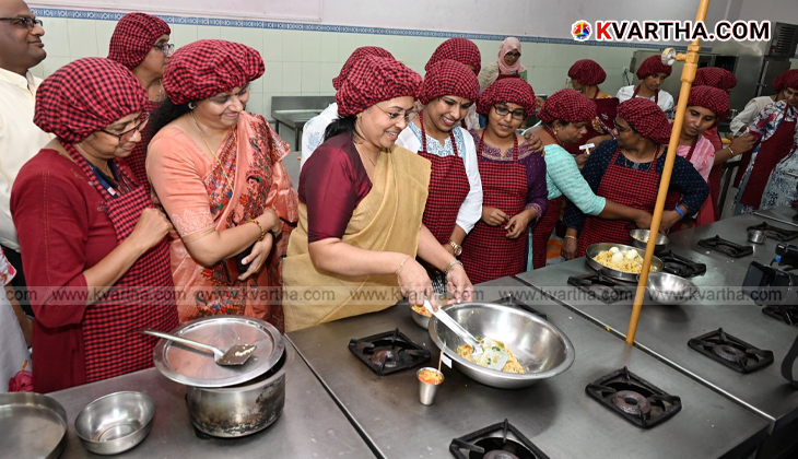 Minister Veena George tasting new Anganwadi menu in Kollam.