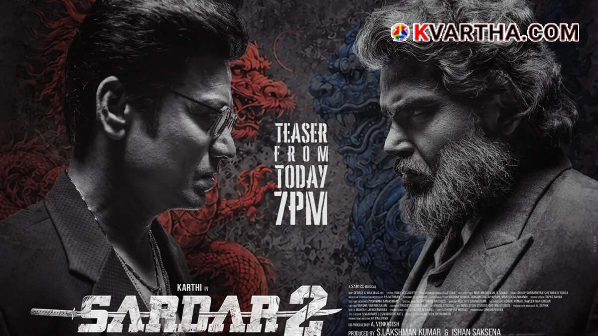Karthi in a double role for the spy thriller movie Sardar 2 Poster