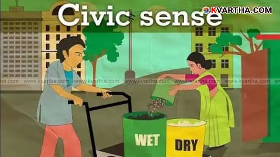  Illustrated civic sense guide with icons for cleanliness, traffic rules, polite speech