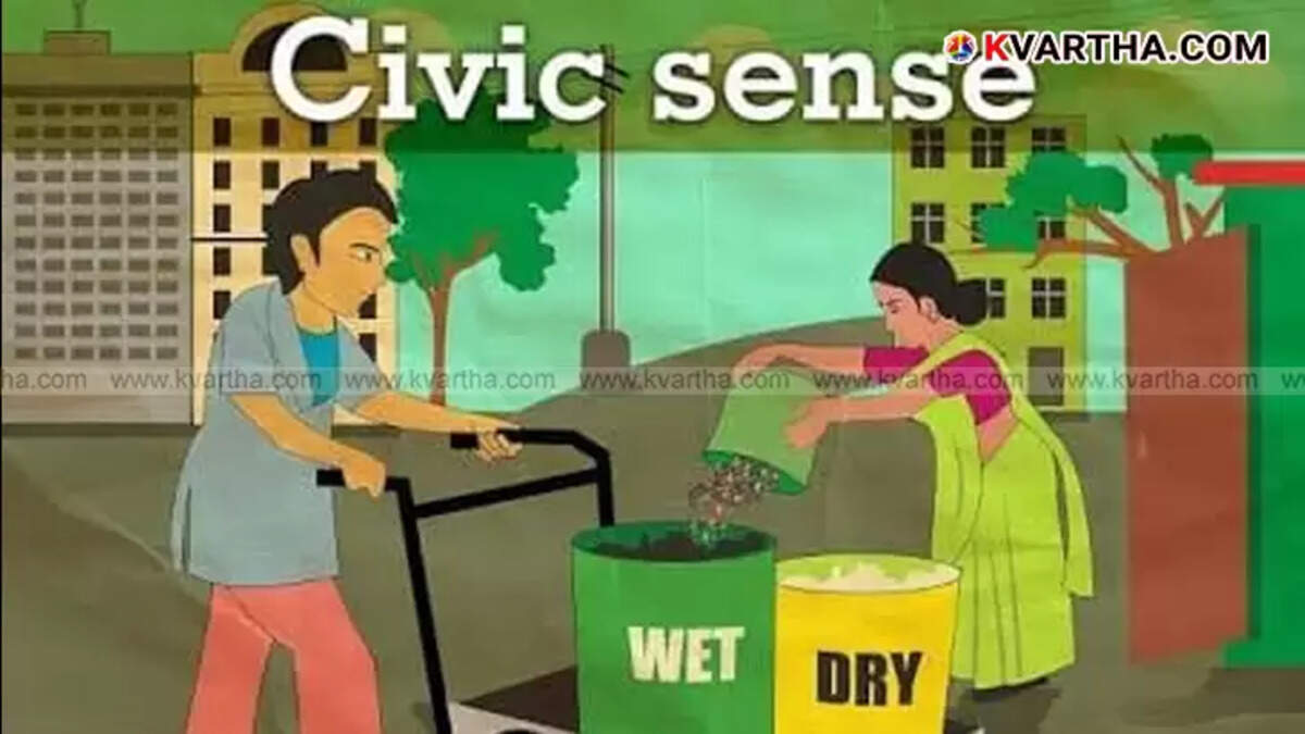  Illustrated civic sense guide with icons for cleanliness, traffic rules, polite speech