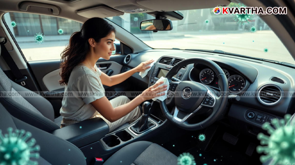 Hand wiping a car steering wheel with disinfectant