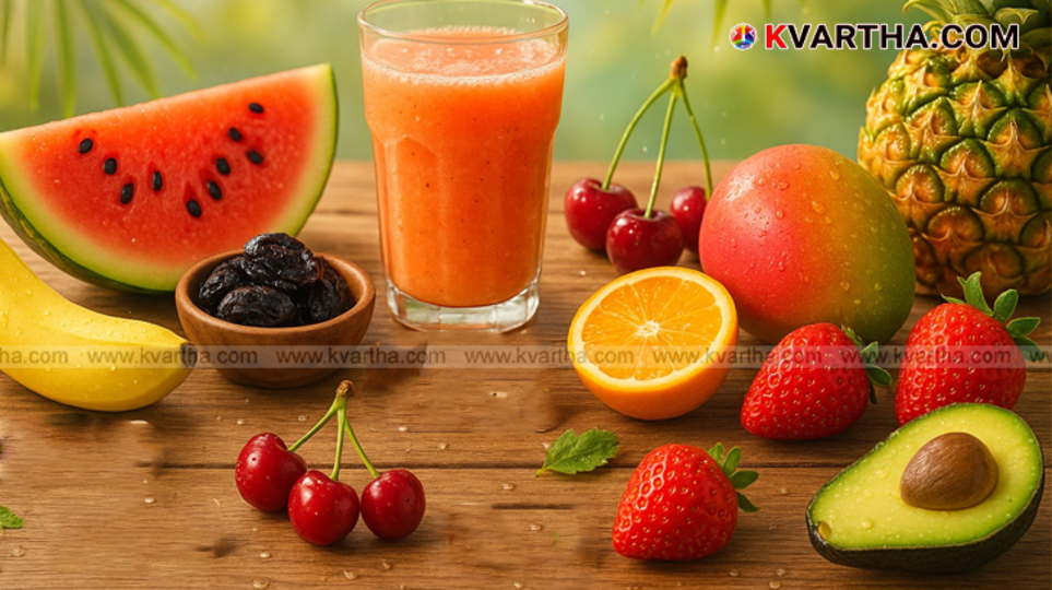 Assorted fruits like bananas, watermelon, and oranges, known for their electrolyte content.