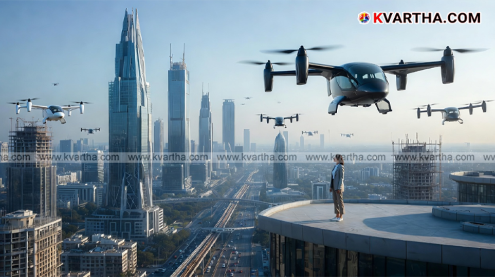  A futuristic electric air taxi flying over an Indian city skyline.