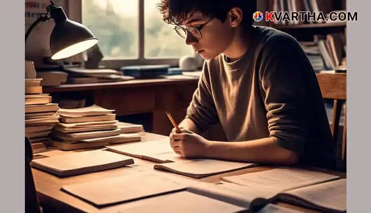 Student studying in a library, surrounded by books and computers