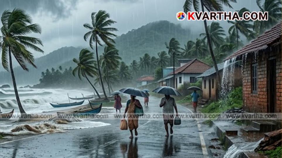A visual representation of heavy rain and clouds over the hills of Kerala, indicating an Orange Alert.
