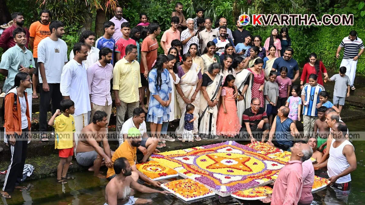 A symbolic image of the Onam floral carpet arranged in the pond at Thayyil, Kannur.