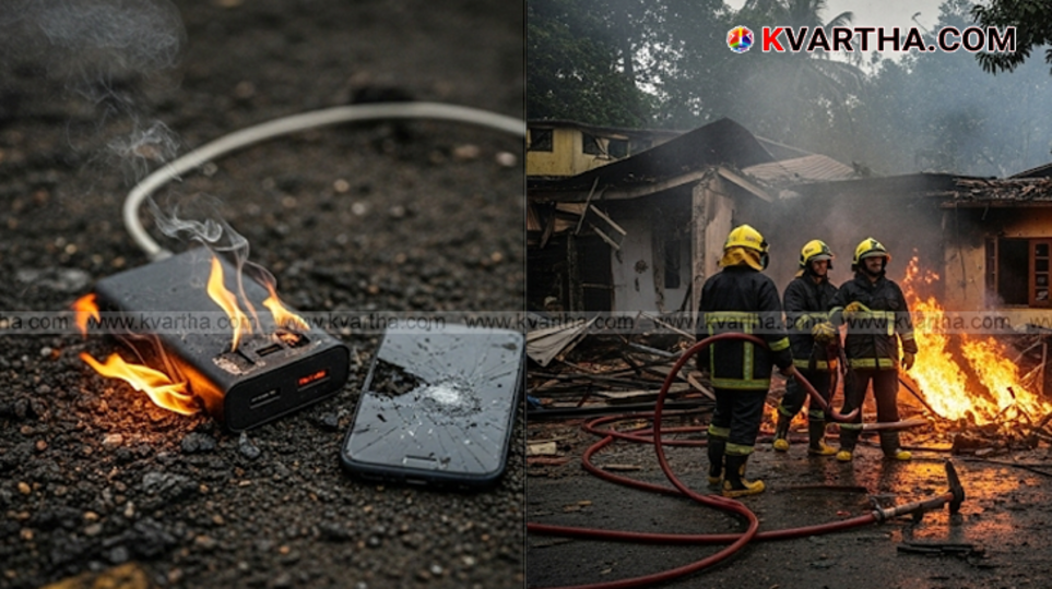 A house in Malappuram that was destroyed by a fire caused by a power bank explosion.
