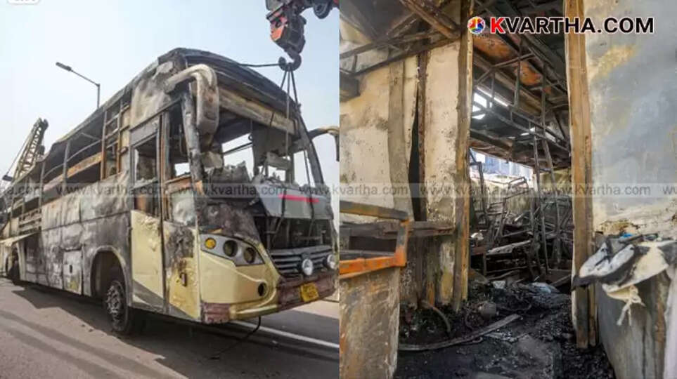 Burnt remains of a passenger bus in Uttar Pradesh after a fire incident.