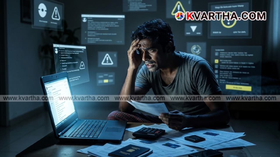 Graphic illustration of a digital job scam and fraudulent online financial transactions.