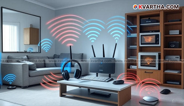 A graphic showing how various household items like mirrors, metal, and water can block WiFi signals.