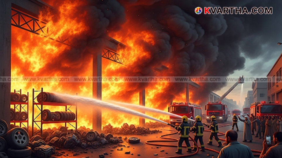 Fire and thick black smoke rising from an auto spare parts warehouse in Sharjah Industrial Area.