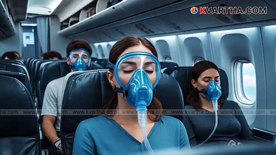 Oxygen masks deployed in a passenger airplane.