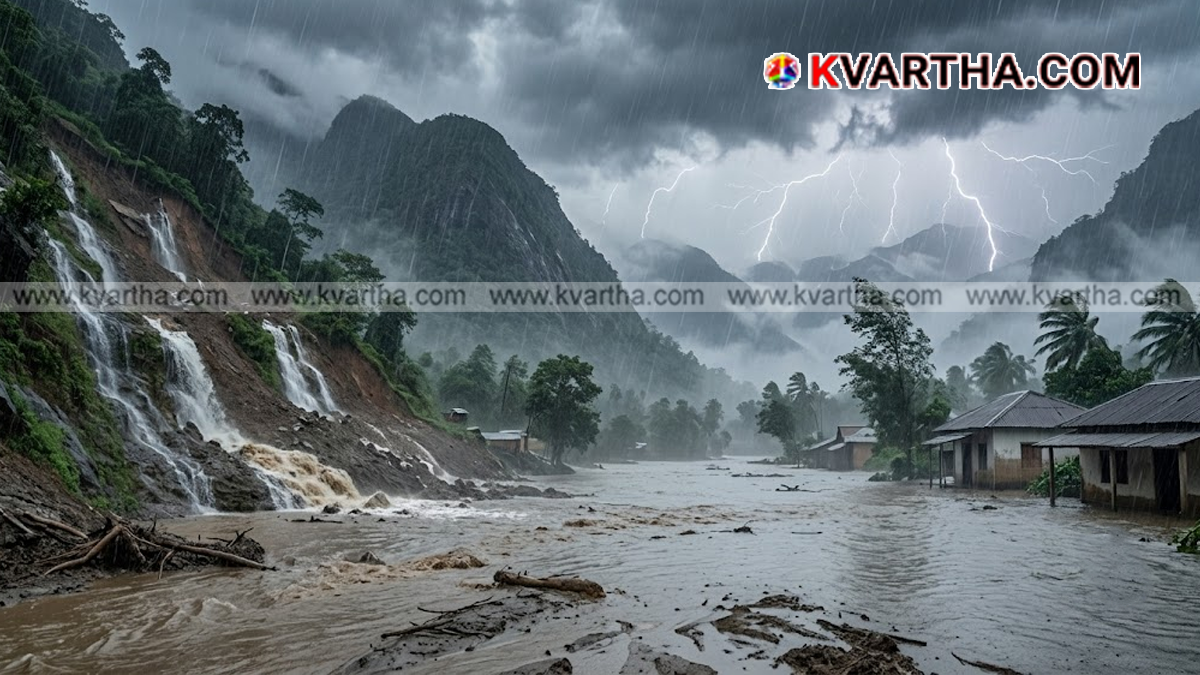 Heavy rain and clouds over a hilly region